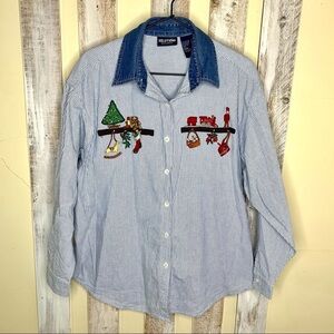 Vintage Christmas Embroidered Button Down